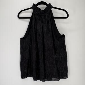 Trina Turk Blouse Womens Large Black Metallic Playful Top Halter Pleated Party